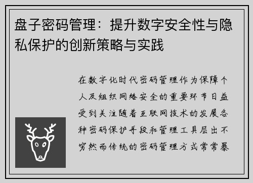 盘子密码管理：提升数字安全性与隐私保护的创新策略与实践