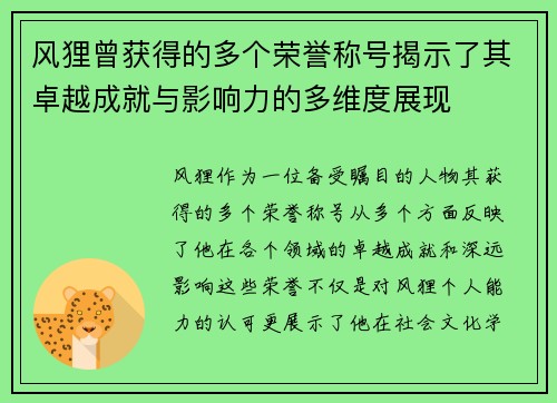 风狸曾获得的多个荣誉称号揭示了其卓越成就与影响力的多维度展现